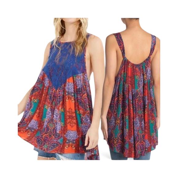 Free People Tops - FREE PEOPLE Count Me In Trapeze Paisley Mini Dress Hot Red Combo Large